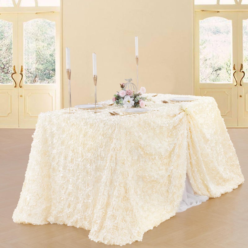 FanQiSi 3D Satin Rosette Rectangle Tablecloth 90 x132 Inches Ivory Satin Raised Rosettes Tablecloth for Wedding Baby Shower Event Decoration - Image 2